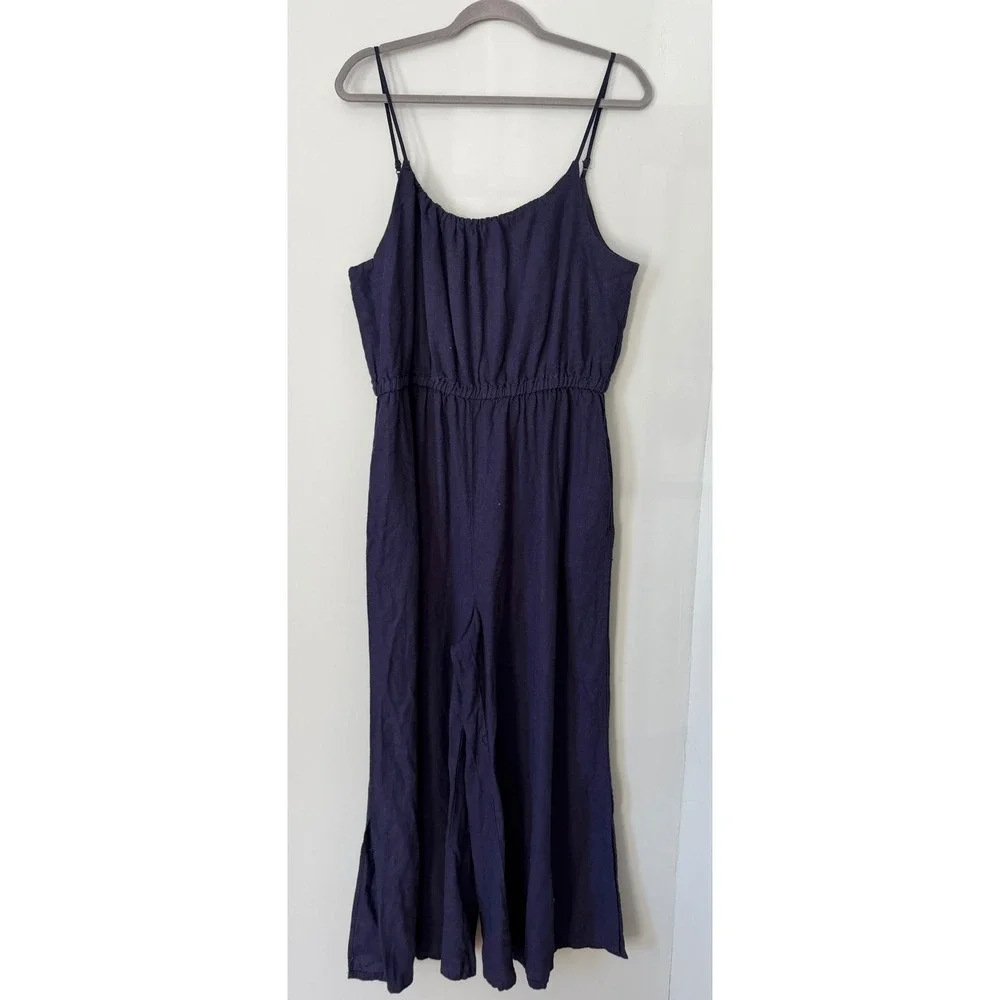 Haute Hippie Sleeveless Linen Blend Wide‎ Leg Jumpsuit Navy Blue XL NWOT